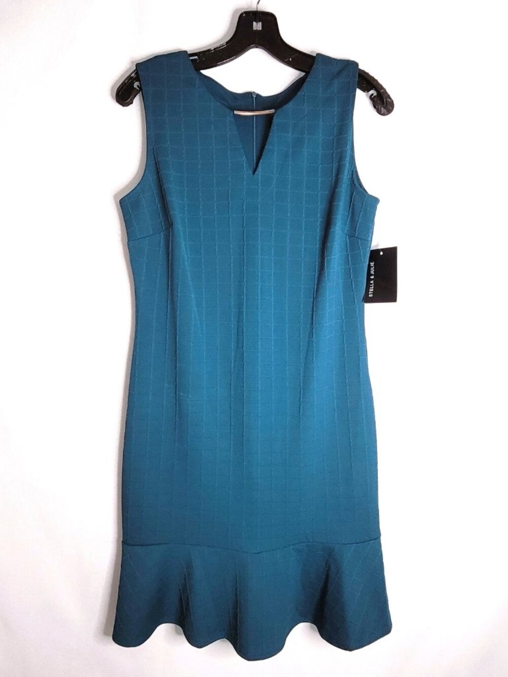 Stella & Julie Teal Sleeveless Shift Dress Sz 10 Mod Retro Check Ruffle Hem